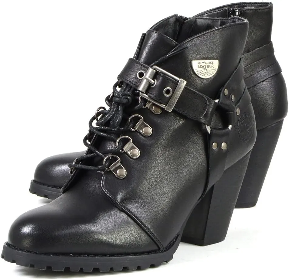 Milwaukee Leather MBL9458 Women's Premium Black Leather Fashion Casual Boots w/Classic Harness Ring - 7