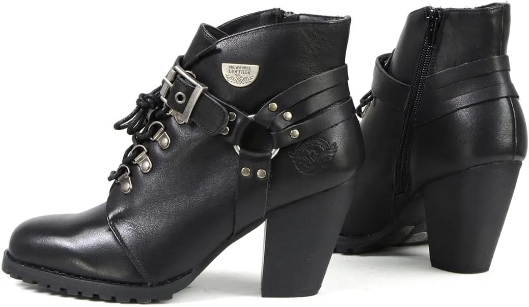 Milwaukee Leather MBL9458 Women's Premium Black Leather Fashion Casual Boots w/Classic Harness Ring - 7
