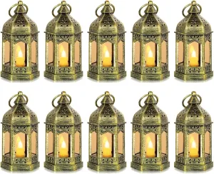 Mini Lantern with Flickering LED Candles Set of 10, Hewory Gold Vintage Decorative Hanging Candle Lanterns for Halloween, Christmas, Wedding Decorations, Party, Table Centerpiece, Battery Included