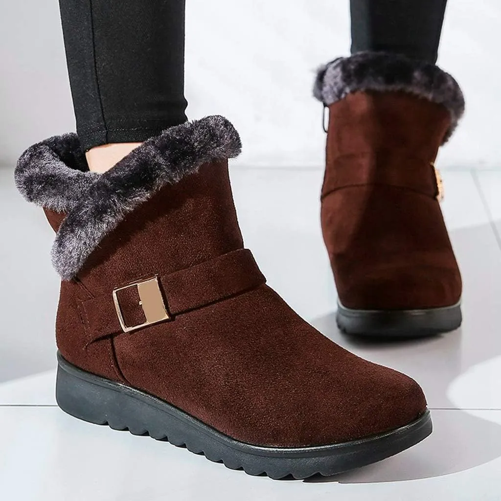 MIOKE Women's Winter Fur Snow Ankle Boots Buckle Suede Waterproof Zipper Anti-slip Warm Snow Short Booties