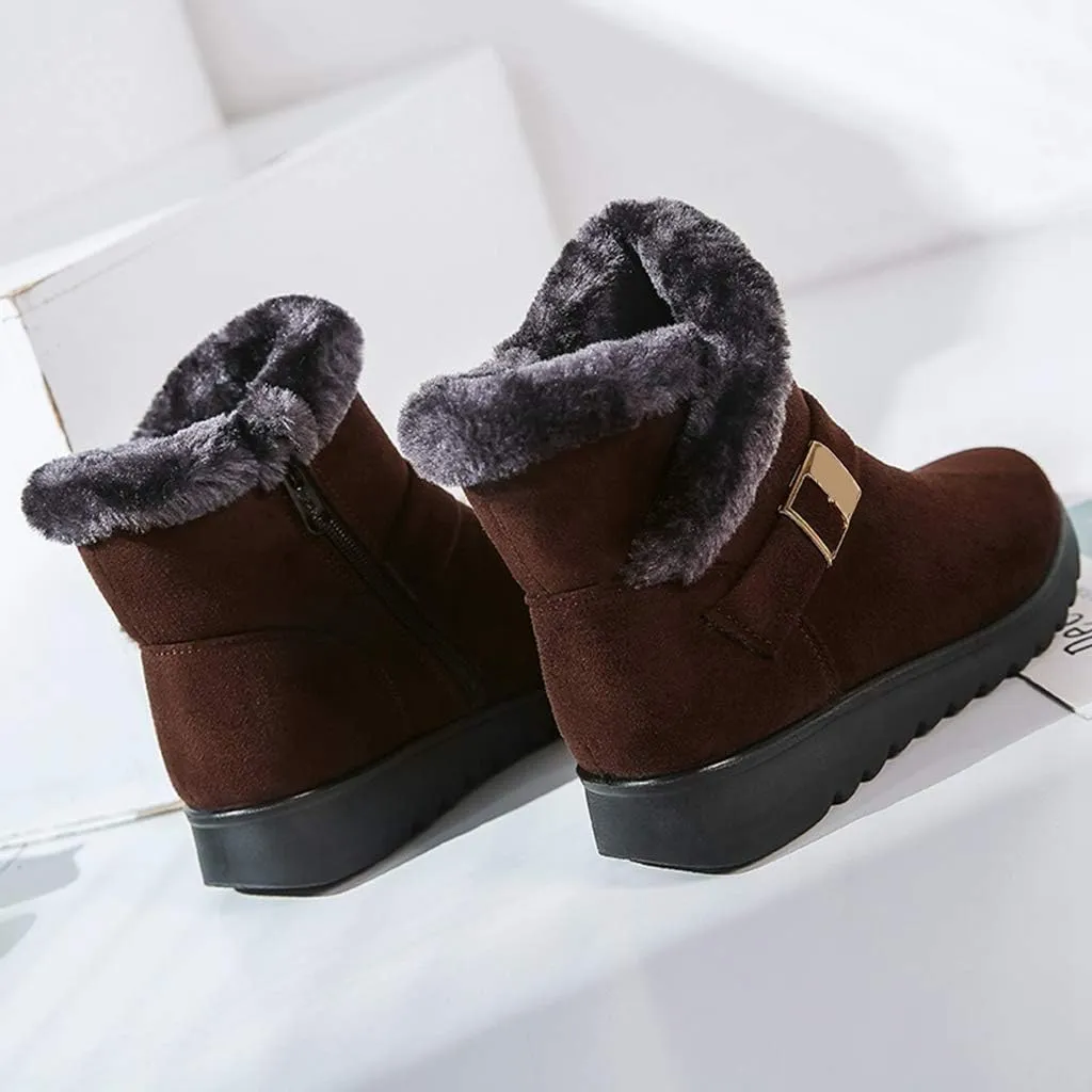 MIOKE Women's Winter Fur Snow Ankle Boots Buckle Suede Waterproof Zipper Anti-slip Warm Snow Short Booties