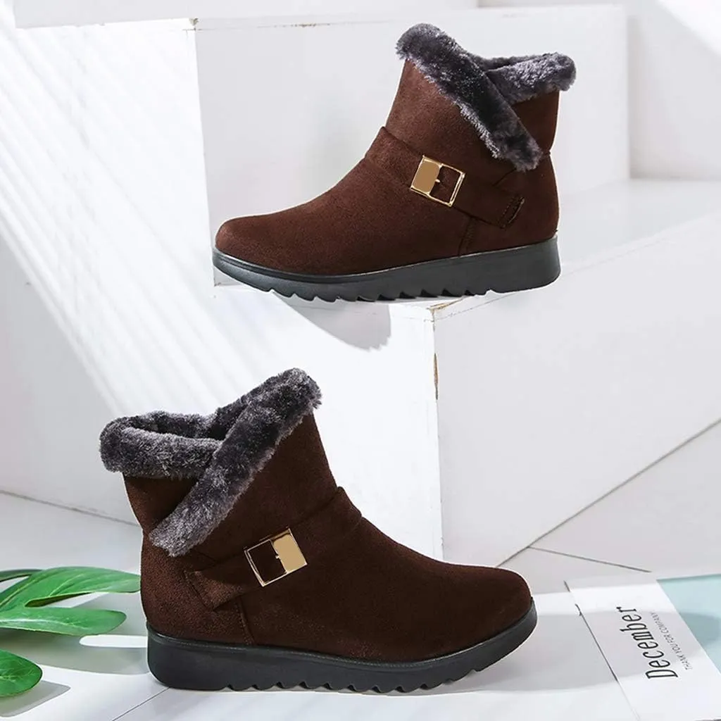 MIOKE Women's Winter Fur Snow Ankle Boots Buckle Suede Waterproof Zipper Anti-slip Warm Snow Short Booties