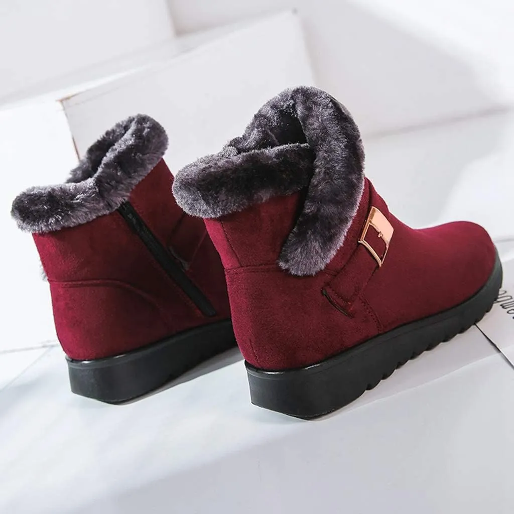 MIOKE Women's Winter Fur Snow Ankle Boots Buckle Suede Waterproof Zipper Anti-slip Warm Snow Short Booties