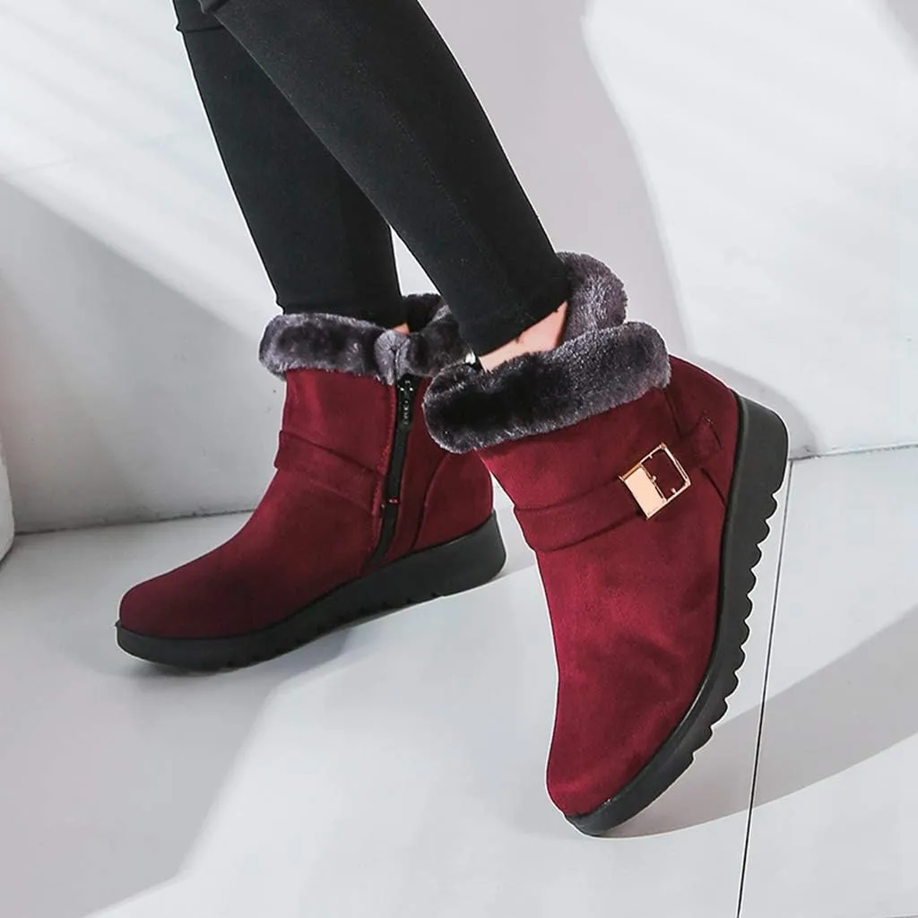 MIOKE Women's Winter Fur Snow Ankle Boots Buckle Suede Waterproof Zipper Anti-slip Warm Snow Short Booties