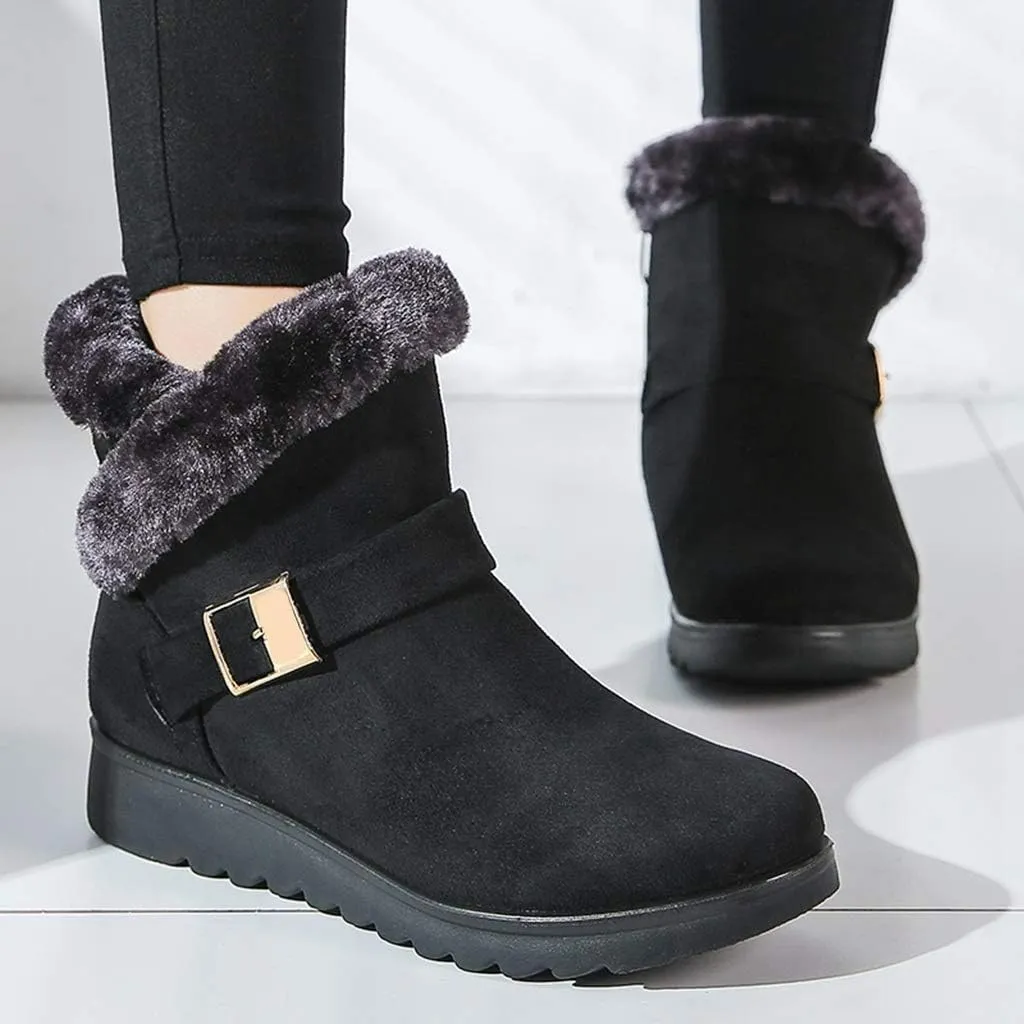 MIOKE Women's Winter Fur Snow Ankle Boots Buckle Suede Waterproof Zipper Anti-slip Warm Snow Short Booties