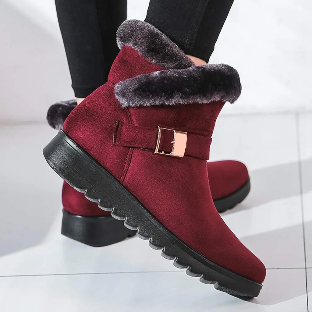 MIOKE Women's Winter Fur Snow Ankle Boots Buckle Suede Waterproof Zipper Anti-slip Warm Snow Short Booties
