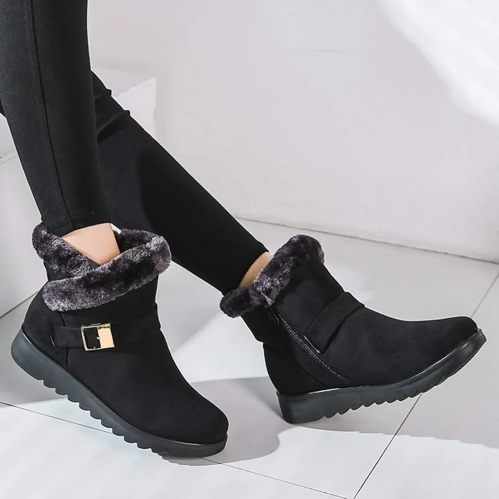 MIOKE Women's Winter Fur Snow Ankle Boots Buckle Suede Waterproof Zipper Anti-slip Warm Snow Short Booties