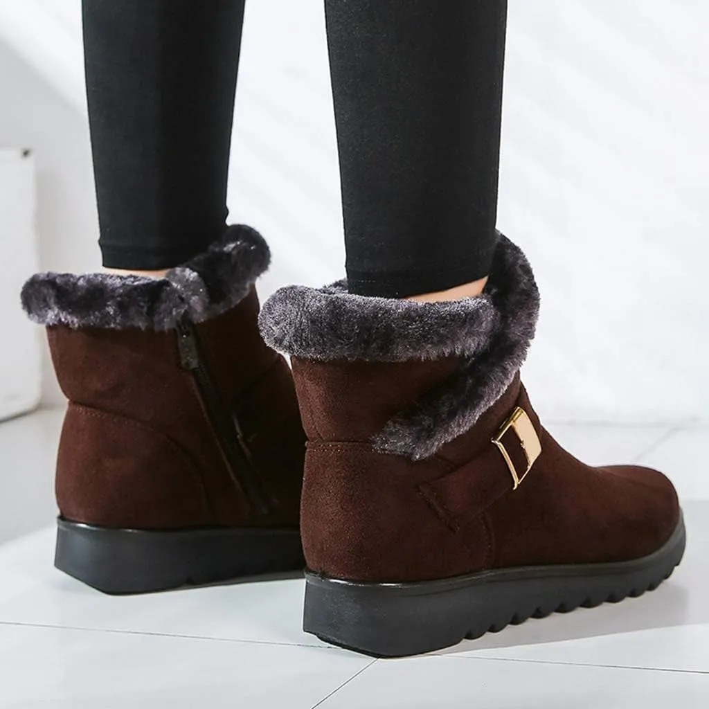 MIOKE Women's Winter Fur Snow Ankle Boots Buckle Suede Waterproof Zipper Anti-slip Warm Snow Short Booties