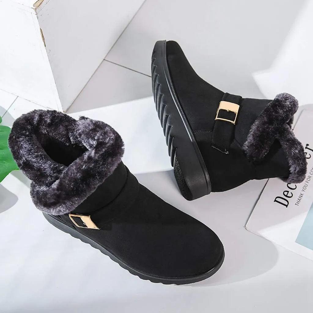 MIOKE Women's Winter Fur Snow Ankle Boots Buckle Suede Waterproof Zipper Anti-slip Warm Snow Short Booties