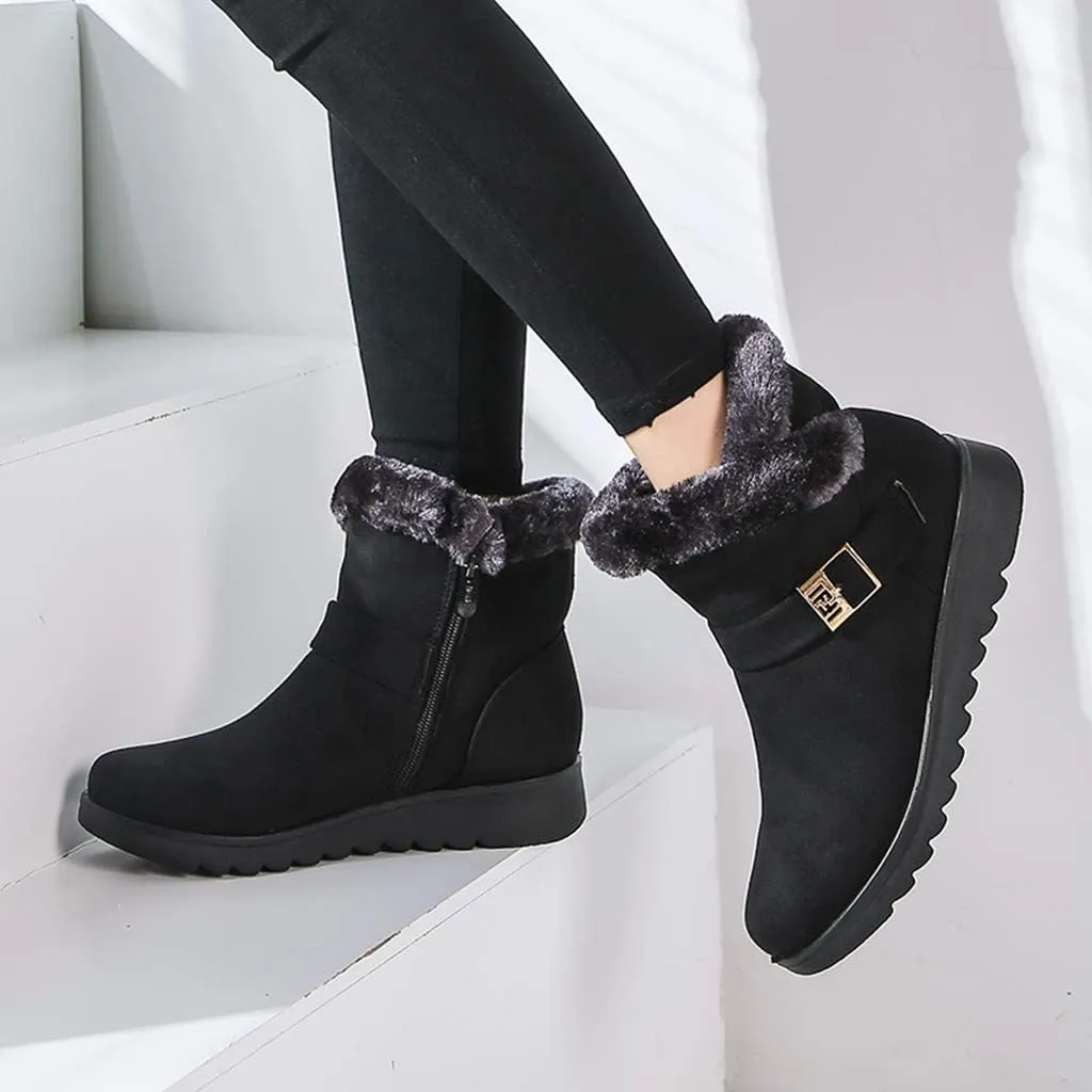 MIOKE Women's Winter Fur Snow Ankle Boots Buckle Suede Waterproof Zipper Anti-slip Warm Snow Short Booties