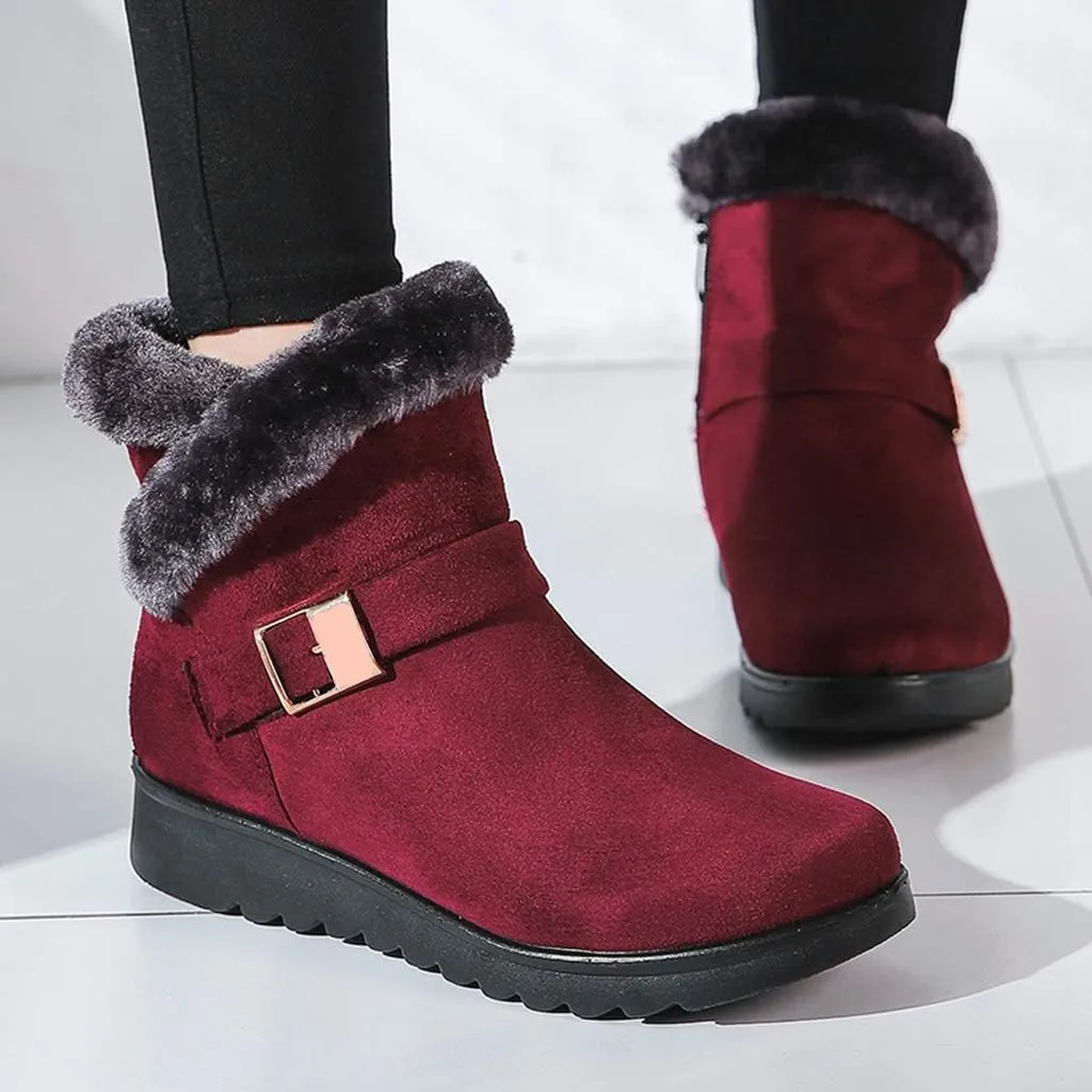 MIOKE Women's Winter Fur Snow Ankle Boots Buckle Suede Waterproof Zipper Anti-slip Warm Snow Short Booties