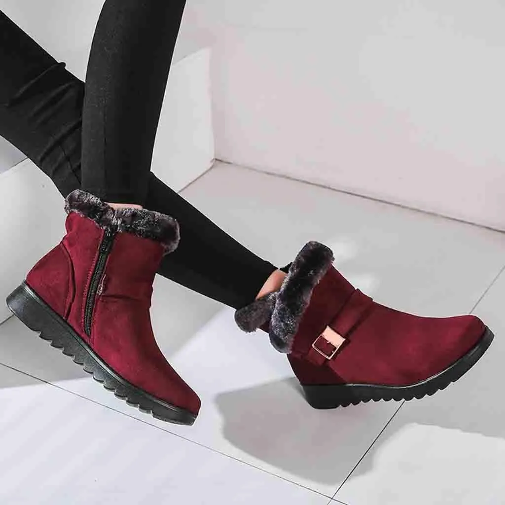MIOKE Women's Winter Fur Snow Ankle Boots Buckle Suede Waterproof Zipper Anti-slip Warm Snow Short Booties