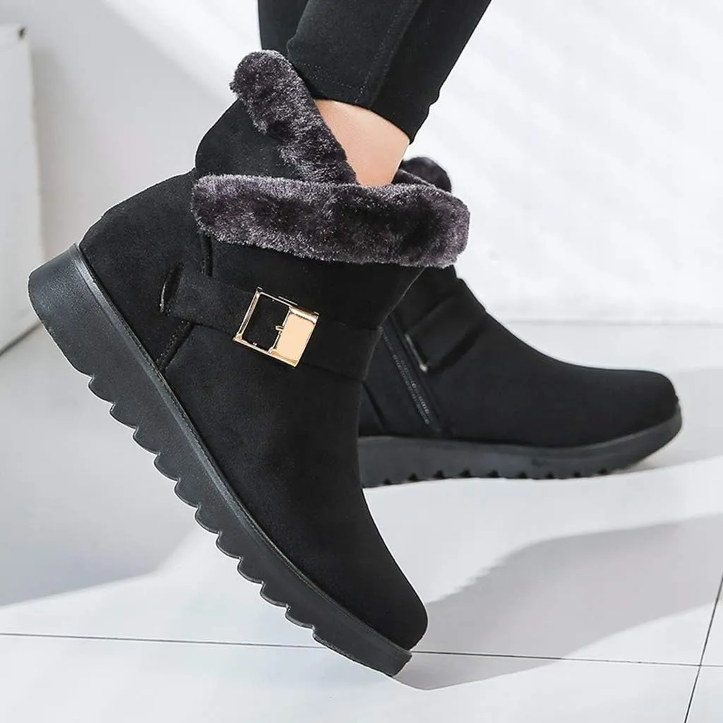 MIOKE Women's Winter Fur Snow Ankle Boots Buckle Suede Waterproof Zipper Anti-slip Warm Snow Short Booties