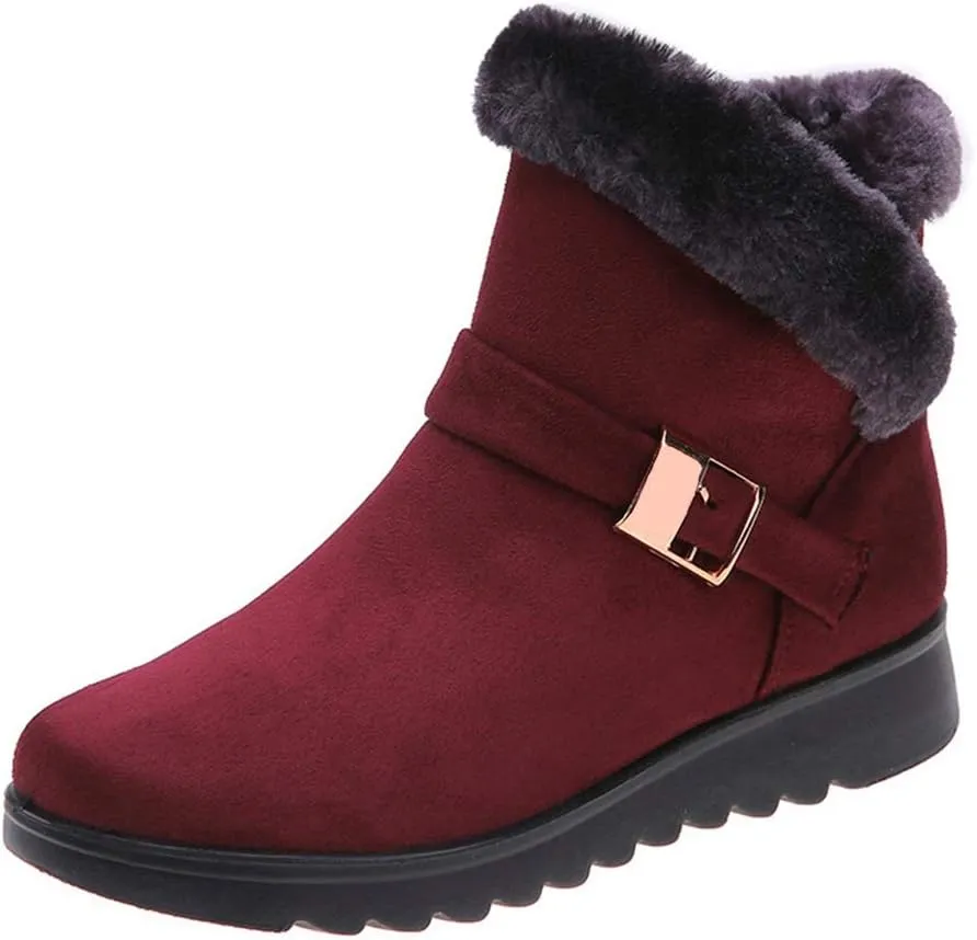 MIOKE Women's Winter Fur Snow Ankle Boots Buckle Suede Waterproof Zipper Anti-slip Warm Snow Short Booties