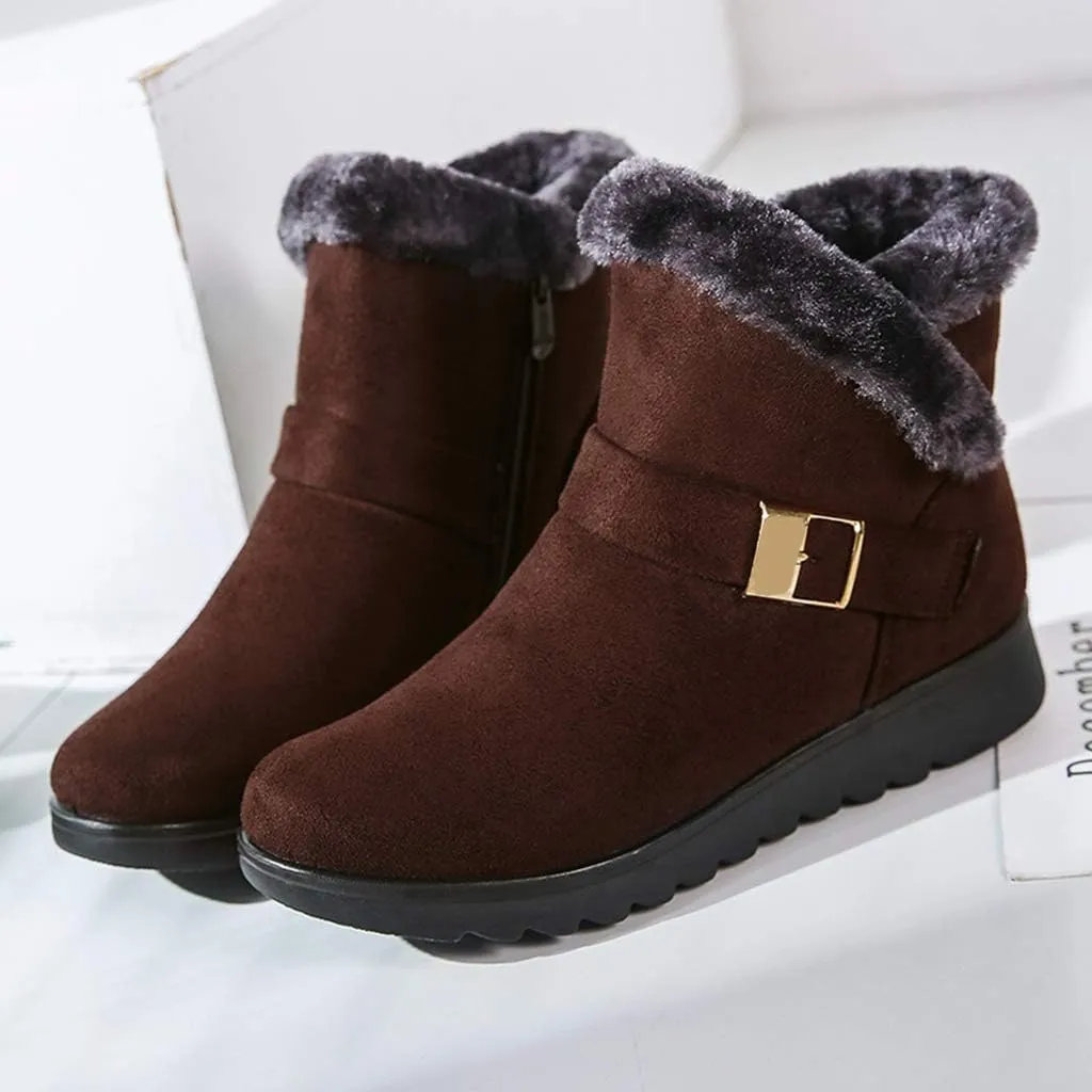 MIOKE Women's Winter Fur Snow Ankle Boots Buckle Suede Waterproof Zipper Anti-slip Warm Snow Short Booties