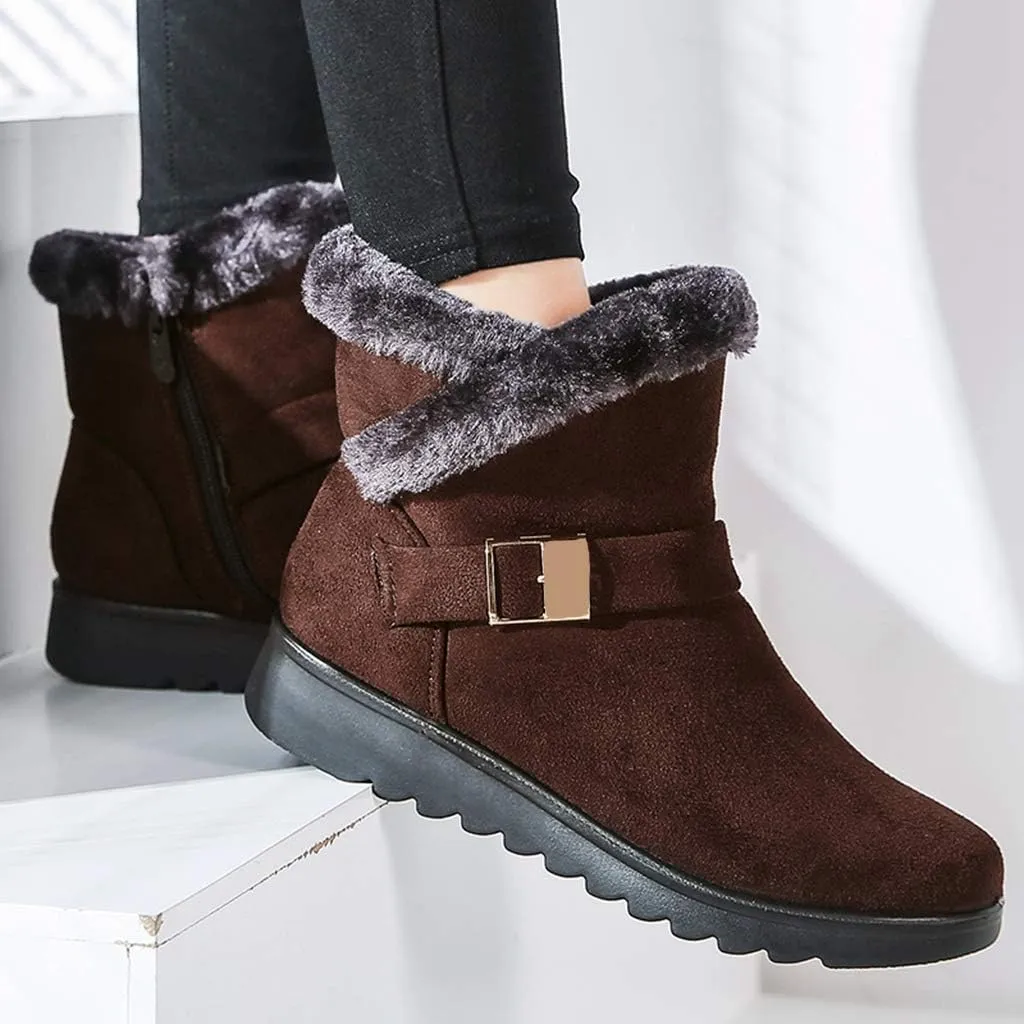 MIOKE Women's Winter Fur Snow Ankle Boots Buckle Suede Waterproof Zipper Anti-slip Warm Snow Short Booties