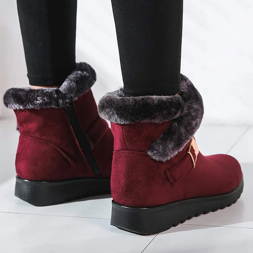MIOKE Women's Winter Fur Snow Ankle Boots Buckle Suede Waterproof Zipper Anti-slip Warm Snow Short Booties