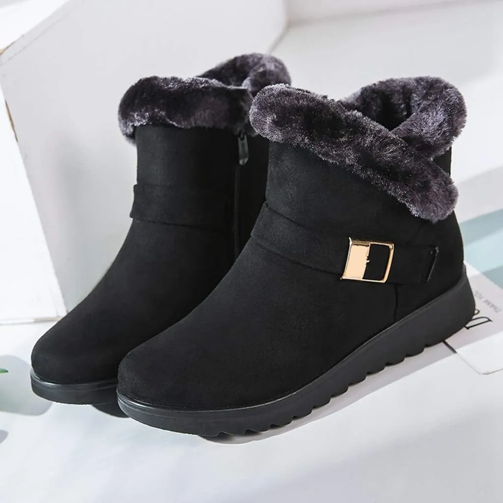 MIOKE Women's Winter Fur Snow Ankle Boots Buckle Suede Waterproof Zipper Anti-slip Warm Snow Short Booties