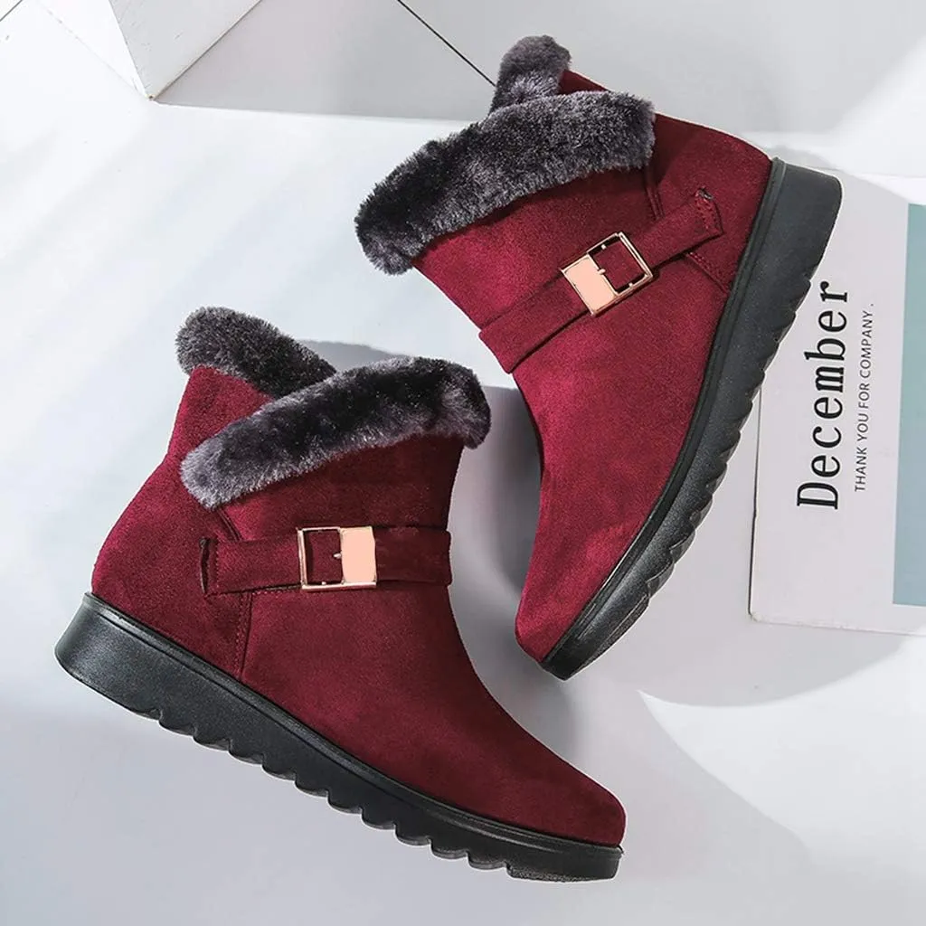 MIOKE Women's Winter Fur Snow Ankle Boots Buckle Suede Waterproof Zipper Anti-slip Warm Snow Short Booties