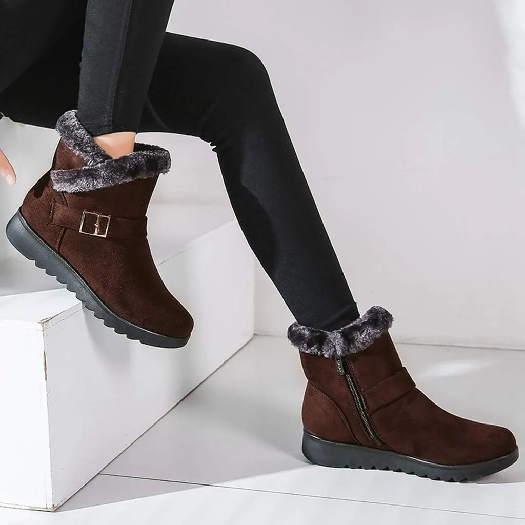 MIOKE Women's Winter Fur Snow Ankle Boots Buckle Suede Waterproof Zipper Anti-slip Warm Snow Short Booties