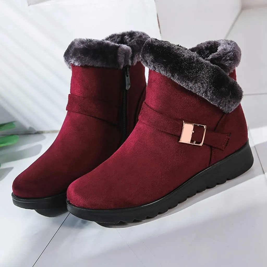 MIOKE Women's Winter Fur Snow Ankle Boots Buckle Suede Waterproof Zipper Anti-slip Warm Snow Short Booties