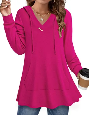 Miusey Womens Hooded Shirts Long Sleeve V Neck Tunic Hoodie Lightweight Sweatshirts with Kangaroo Pocket