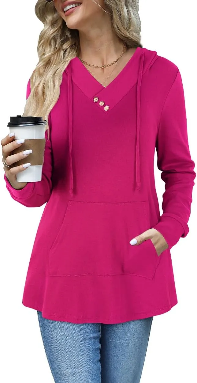 Miusey Womens Hooded Shirts Long Sleeve V Neck Tunic Hoodie Lightweight Sweatshirts with Kangaroo Pocket