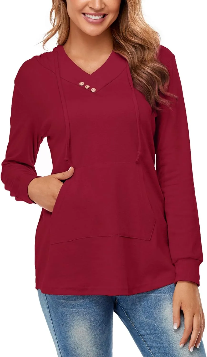 Miusey Womens Hooded Shirts Long Sleeve V Neck Tunic Hoodie Lightweight Sweatshirts with Kangaroo Pocket