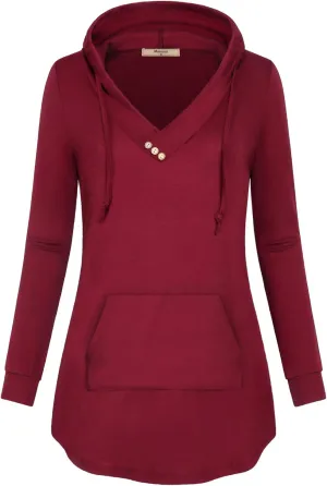 Miusey Womens Hooded Shirts Long Sleeve V Neck Tunic Hoodie Lightweight Sweatshirts with Kangaroo Pocket