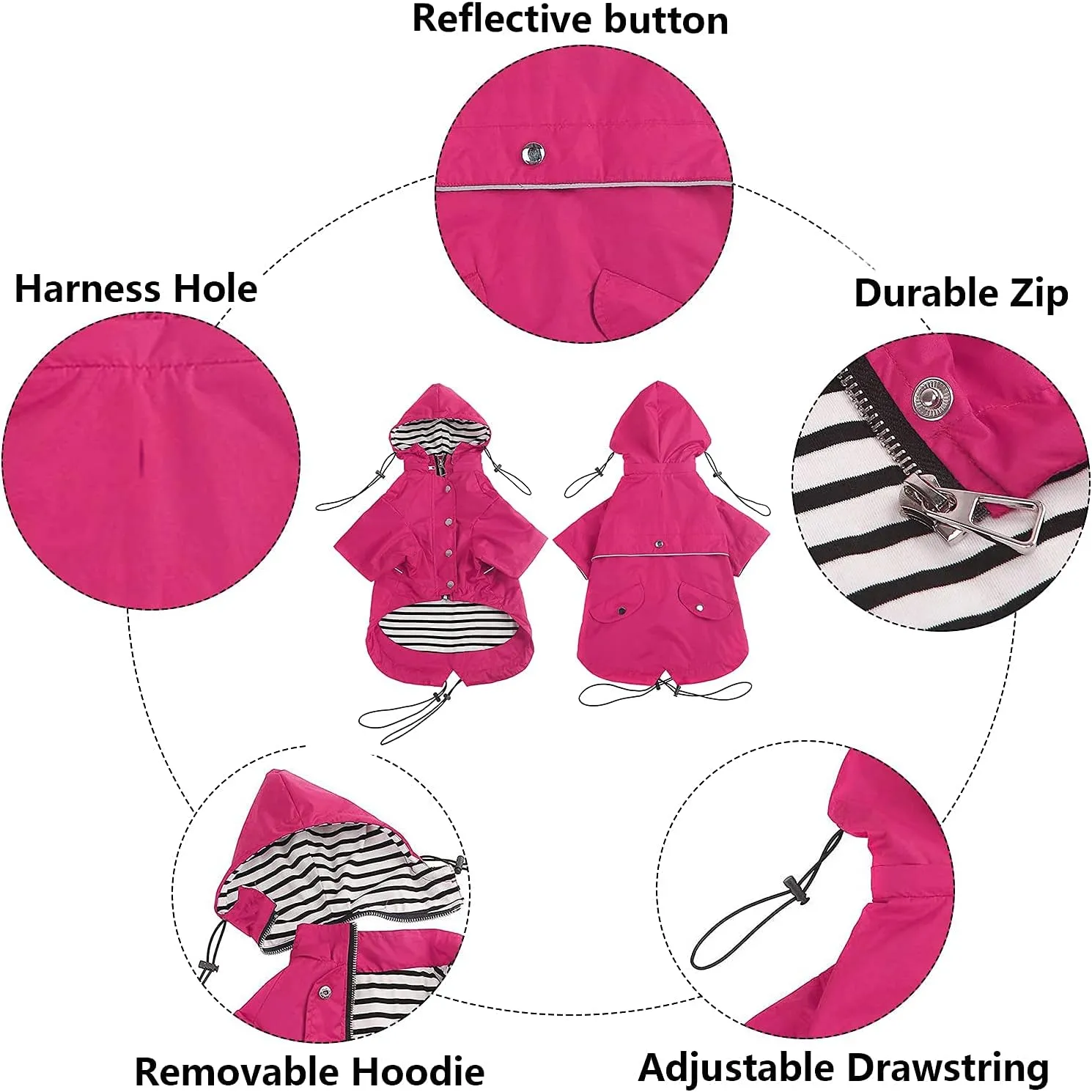 Morezi Dog Zip Up Raincoat with Reflective Buttons, Rain/Water Resistant, Adjustable Drawstring, Removable Hood, Raincoats with Legs 8lbs to 80lbs Available - Pink - L