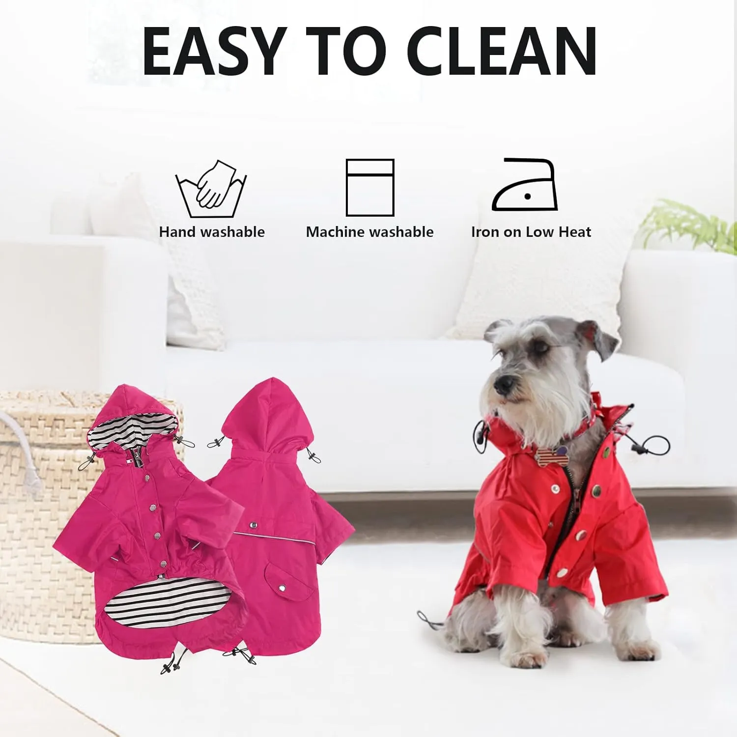 Morezi Dog Zip Up Raincoat with Reflective Buttons, Rain/Water Resistant, Adjustable Drawstring, Removable Hood, Raincoats with Legs 8lbs to 80lbs Available - Pink - L