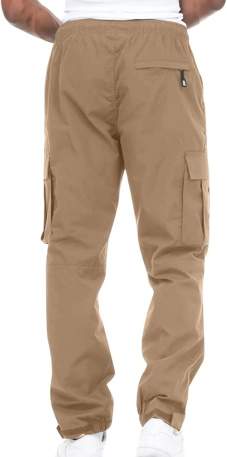 Muscularfit Cotton Pants for Men 2024 Fall Fashion Stretch Waist Multi Pockets Cargo Pants Causal Solid Athletic Sweatpants