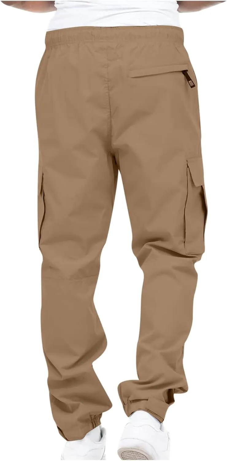 Muscularfit Cotton Pants for Men 2024 Fall Fashion Stretch Waist Multi Pockets Cargo Pants Causal Solid Athletic Sweatpants