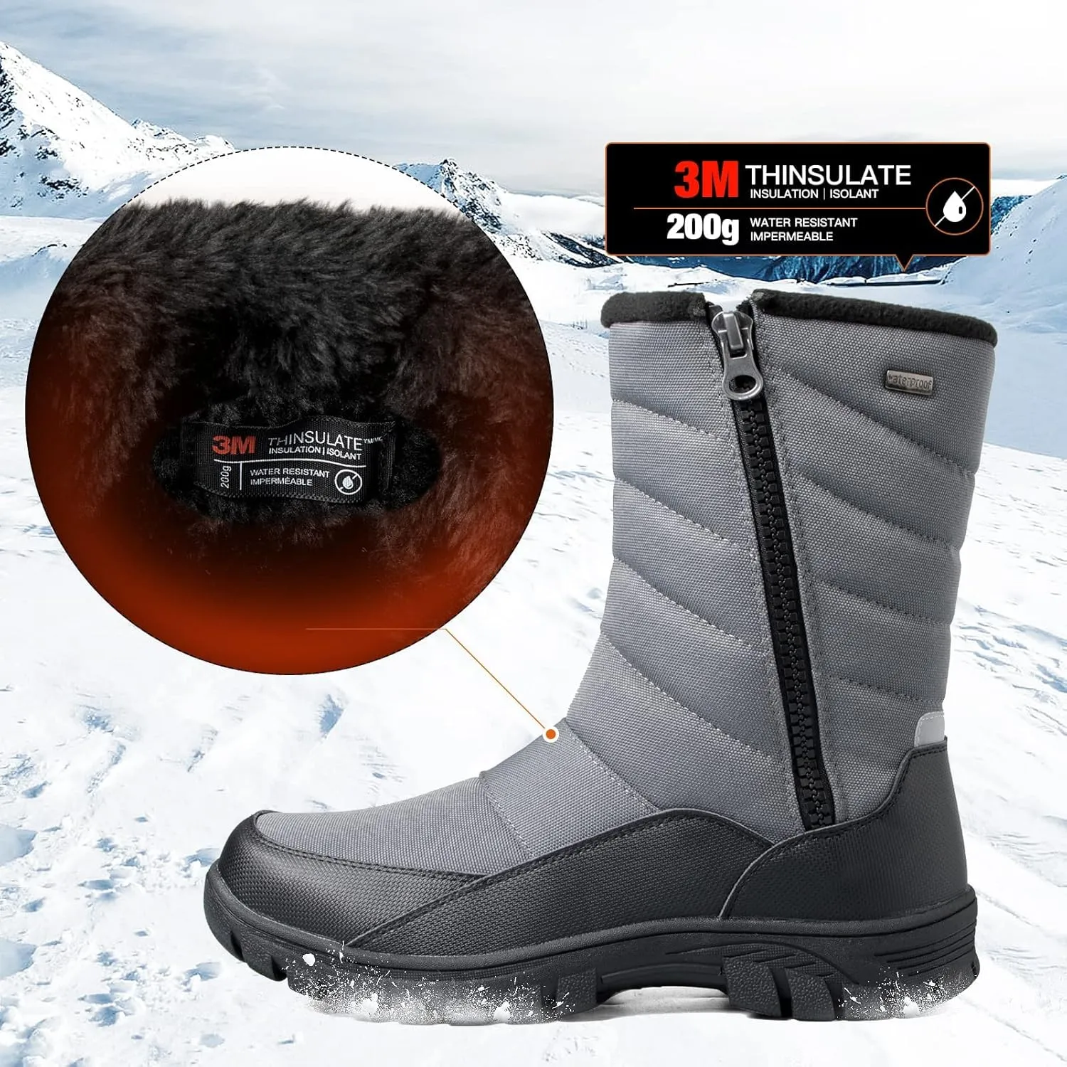 mysoft Mens Winter Snow Boots Waterproof Insulated Mid-Calf Hiking Boot Fur Lined Warm Outdoor Tall Shoes Lightweight