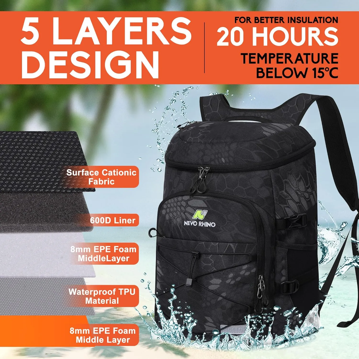 N NEVO RHINO Insulated Backpack Cooler - 36/54 Can Capacity, Waterproof Leak-Proof Lightweight Multi-Functional & Spacious， Ideal for Camping, Travel, Beach, Picnics， Lunch & Day Trips