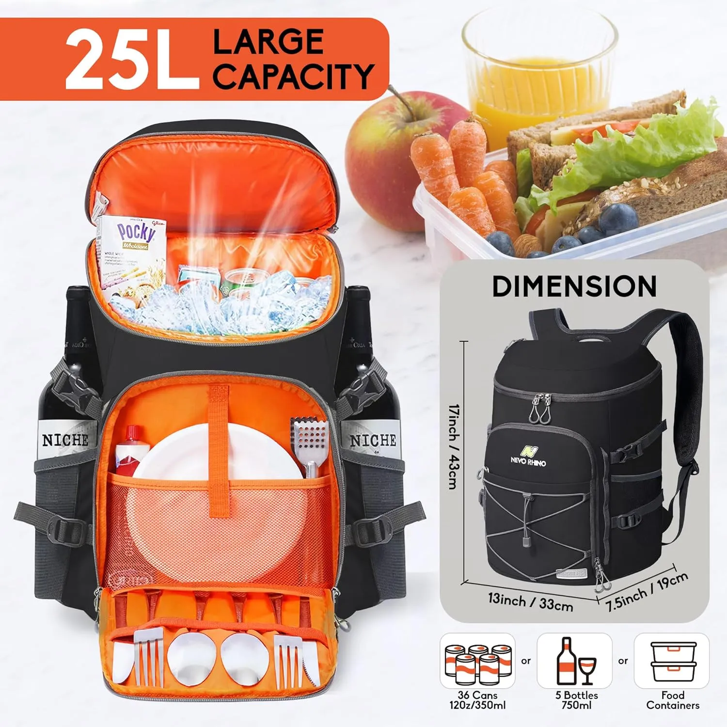 N NEVO RHINO Insulated Backpack Cooler - 36/54 Can Capacity, Waterproof Leak-Proof Lightweight Multi-Functional & Spacious， Ideal for Camping, Travel, Beach, Picnics， Lunch & Day Trips