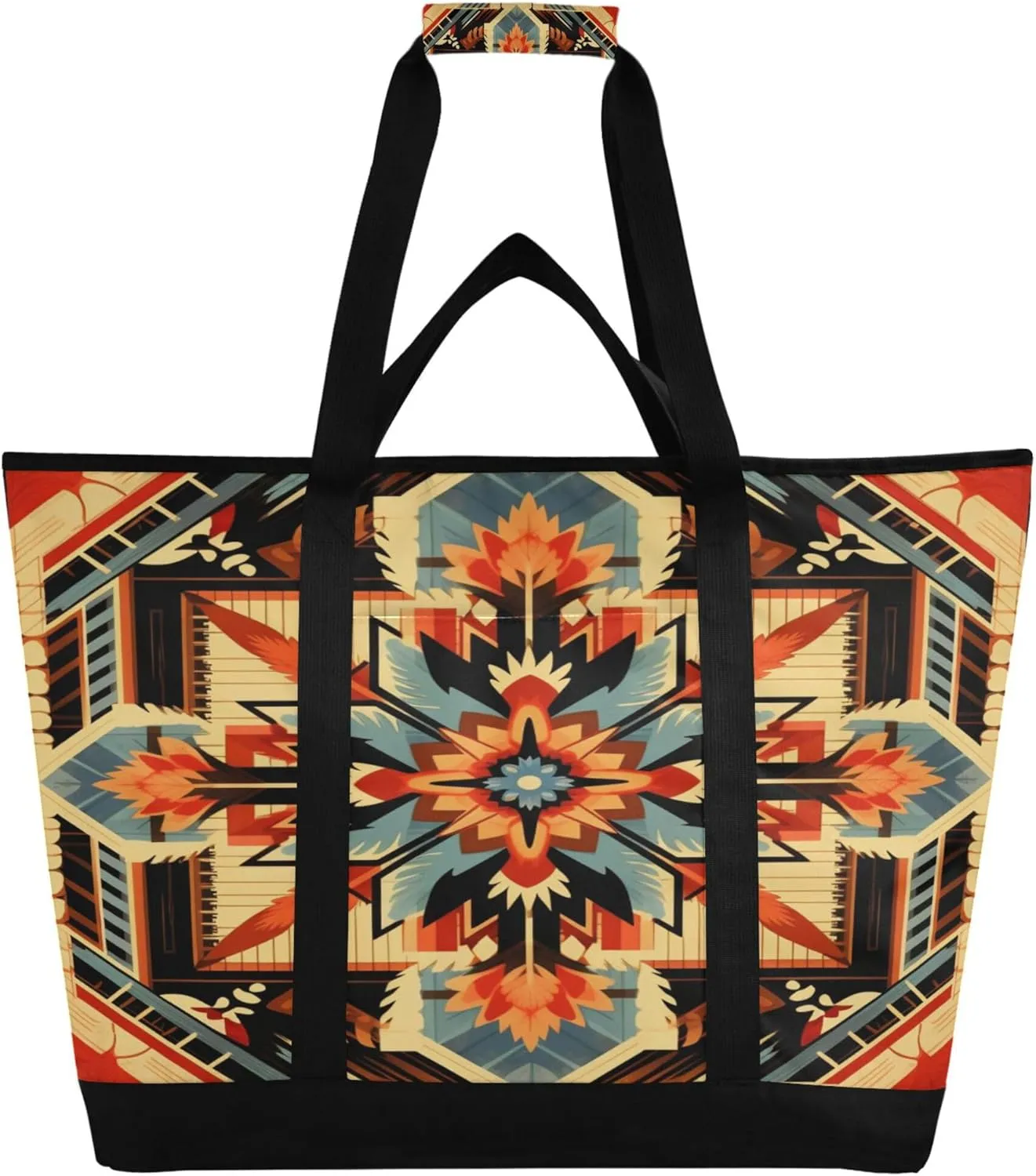 Navajo Bohomia Reusable Insulated Cooler Bag with Ice Pack Compartment - Large 47L Waterproof Thermal Grocery Tote for Picnic Beach Camping Lunch Storage