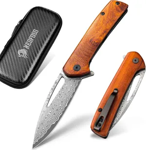 NedFoss PEGASUS Damascus Pocket Knife for Men, 3.5" Ladder Pattern Damascus Steel Folding Knife with Rosewood Handle, Ball Bearings Pivot, Deep Carry Clip, EDC Knife Camping Gifts for Men Women