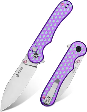 NedFoss SWEETHEART Violet Pocket Knife for Women Men, 2.9" Blade Small EDC, 14C28N Steel Button Lock, Unique Heart Design Aluminum Handle Folding for Gift