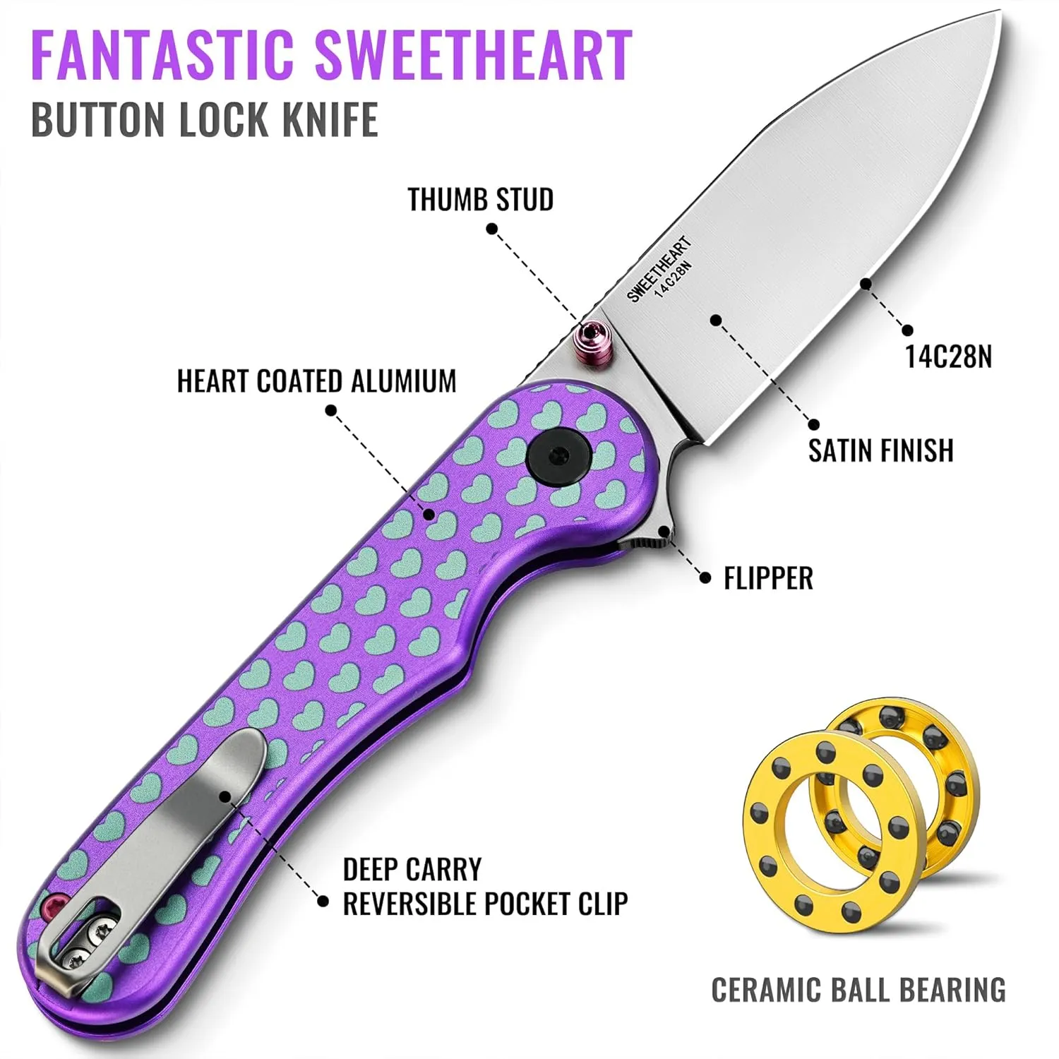 NedFoss SWEETHEART Violet Pocket Knife for Women Men, 2.9" Blade Small EDC, 14C28N Steel Button Lock, Unique Heart Design Aluminum Handle Folding for Gift