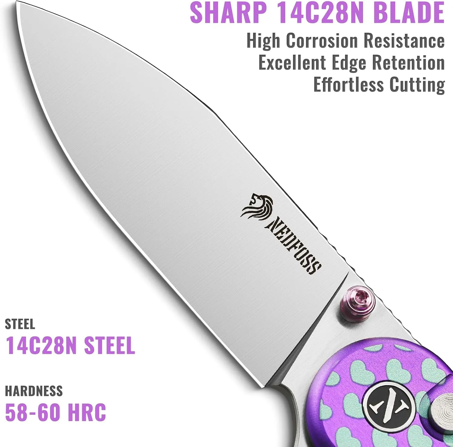 NedFoss SWEETHEART Violet Pocket Knife for Women Men, 2.9" Blade Small EDC, 14C28N Steel Button Lock, Unique Heart Design Aluminum Handle Folding for Gift
