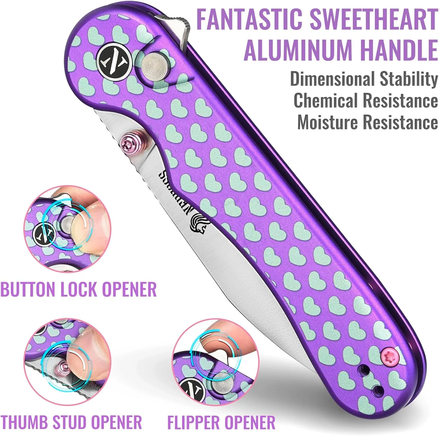 NedFoss SWEETHEART Violet Pocket Knife for Women Men, 2.9" Blade Small EDC, 14C28N Steel Button Lock, Unique Heart Design Aluminum Handle Folding for Gift