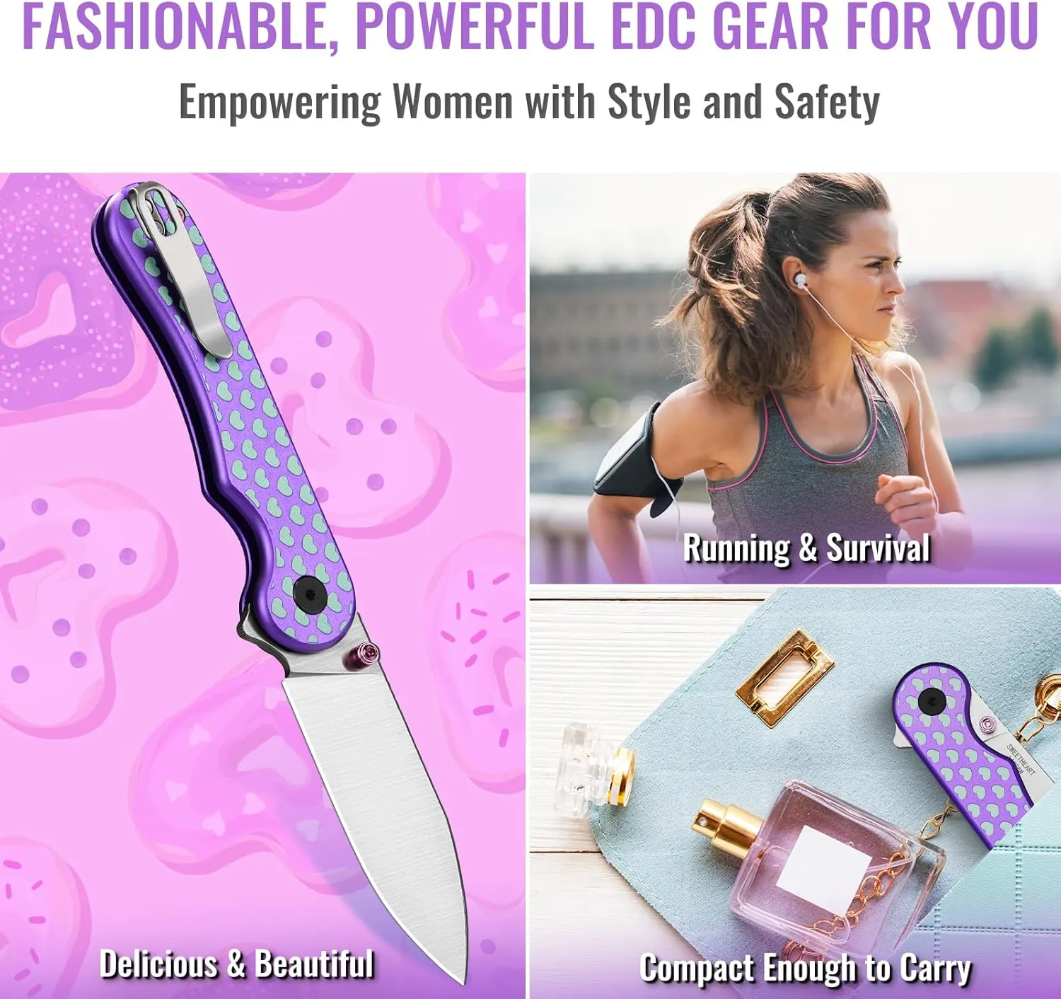 NedFoss SWEETHEART Violet Pocket Knife for Women Men, 2.9" Blade Small EDC, 14C28N Steel Button Lock, Unique Heart Design Aluminum Handle Folding for Gift