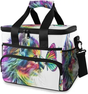 Neon Cat Rainbow Butterfly Cooler Bag Insulated Cooler Soft Sided Cooler 24 Can Portable Picnic Bag Large Leakproof Lunch Bag Box for Beach Grocery Camping Travel Car Men Women