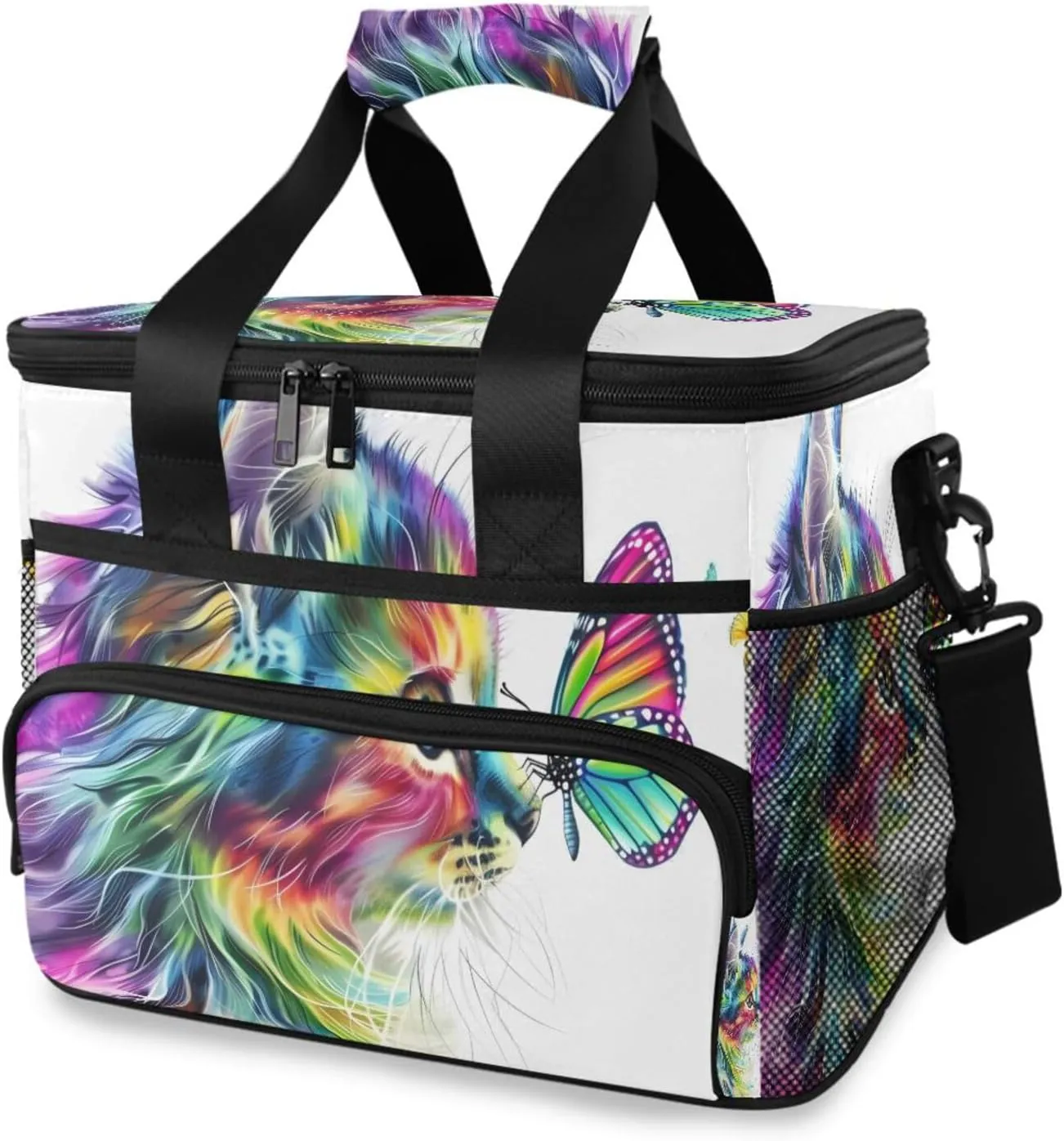 Neon Cat Rainbow Butterfly Cooler Bag Insulated Cooler Soft Sided Cooler 24 Can Portable Picnic Bag Large Leakproof Lunch Bag Box for Beach Grocery Camping Travel Car Men Women