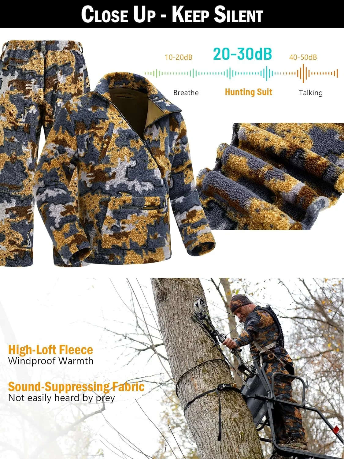 NEW VIEW Quiet Whitetail Deer Bow Hunting Clothes for Men, Cold Weather Wind Proof Camo Hunting Jacket and Pants with Fleece