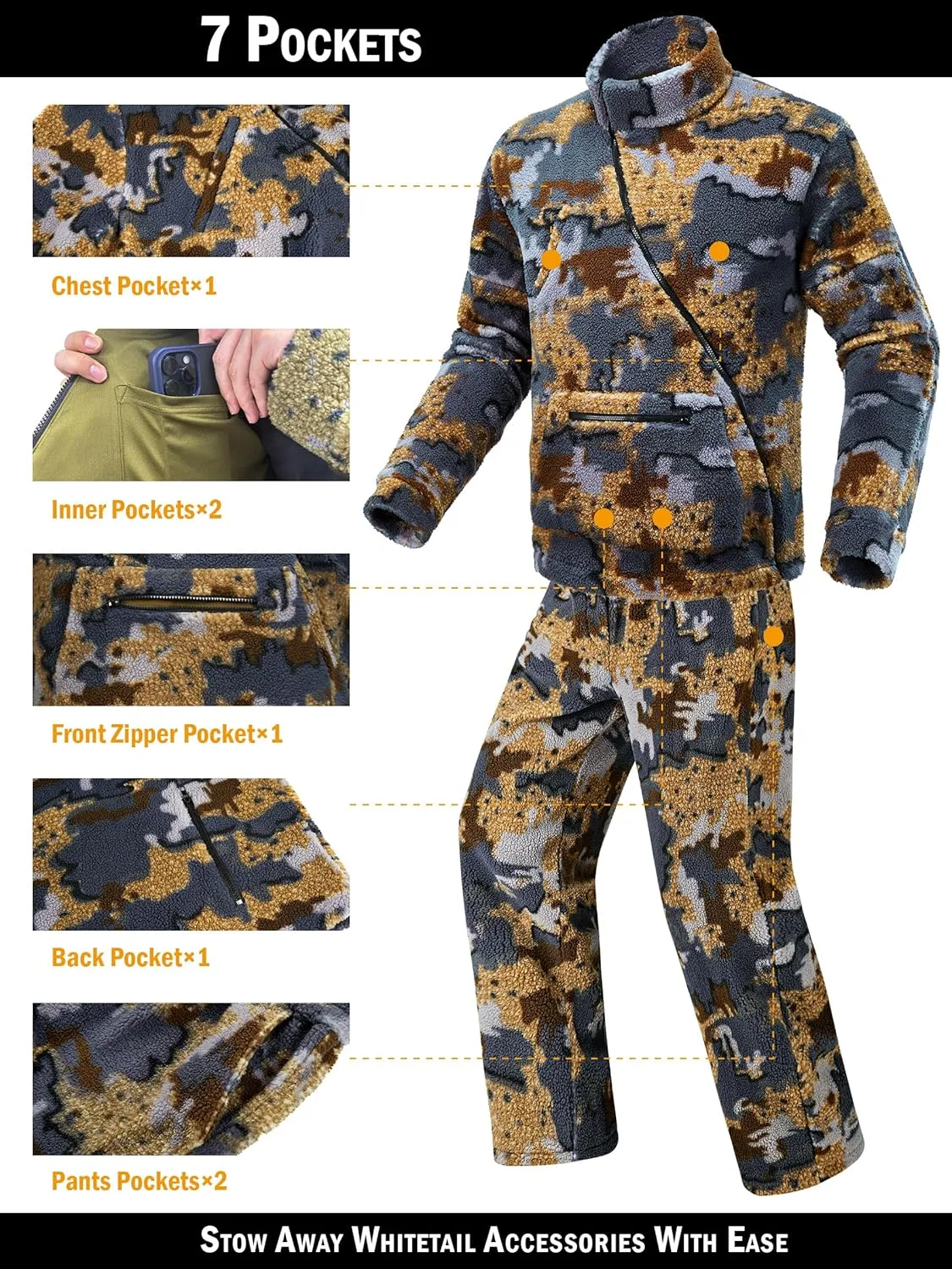 NEW VIEW Quiet Whitetail Deer Bow Hunting Clothes for Men, Cold Weather Wind Proof Camo Hunting Jacket and Pants with Fleece