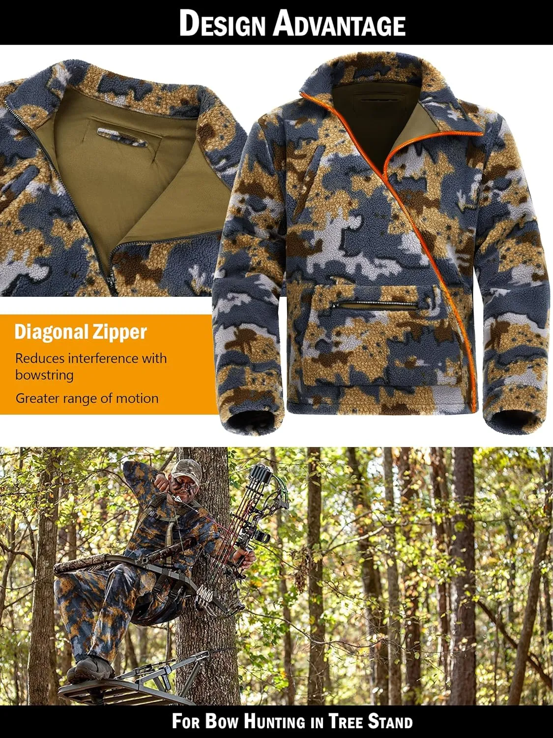 NEW VIEW Quiet Whitetail Deer Bow Hunting Clothes for Men, Cold Weather Wind Proof Camo Hunting Jacket and Pants with Fleece