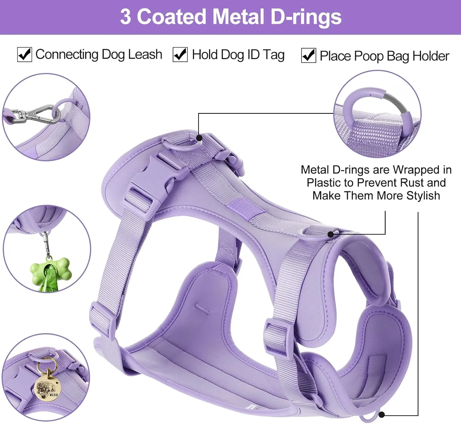 No Pull Lightweight Dog Harness: Adjustable Durable Breathable Mesh Pet Vest Harness with Soft & Comfortable Cushion, for Small Medium Large Dogs (S, Lilac)