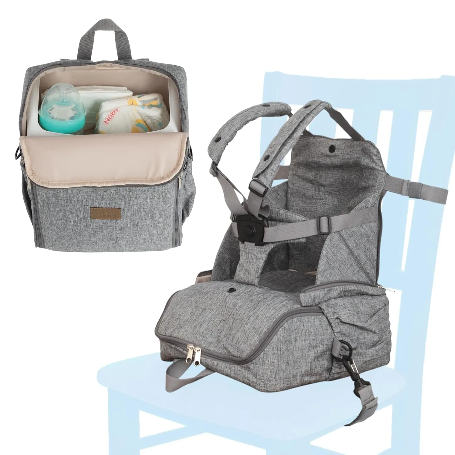 Nuby Easy Go 2-in-1 Backpack Booster Seat with 5-Point Safety Harness - Portable Travel Highchair - Holds Up to 55 lbs - 9  Months - Gray